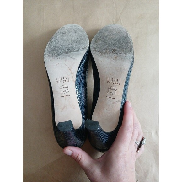 Stuart Weitzman Blue Snakeskin Peep Toe Pumps Size 7N Mob Wife Glam Heels - Picture 7 of 8